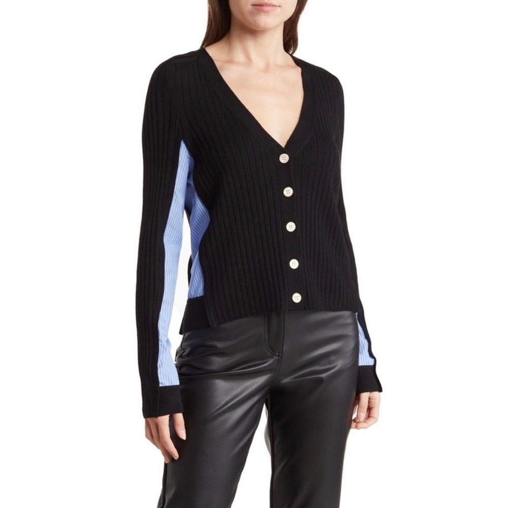 Veronica Beard Dalya Mixed Media Cardigan Merino Wool Cotton Medium